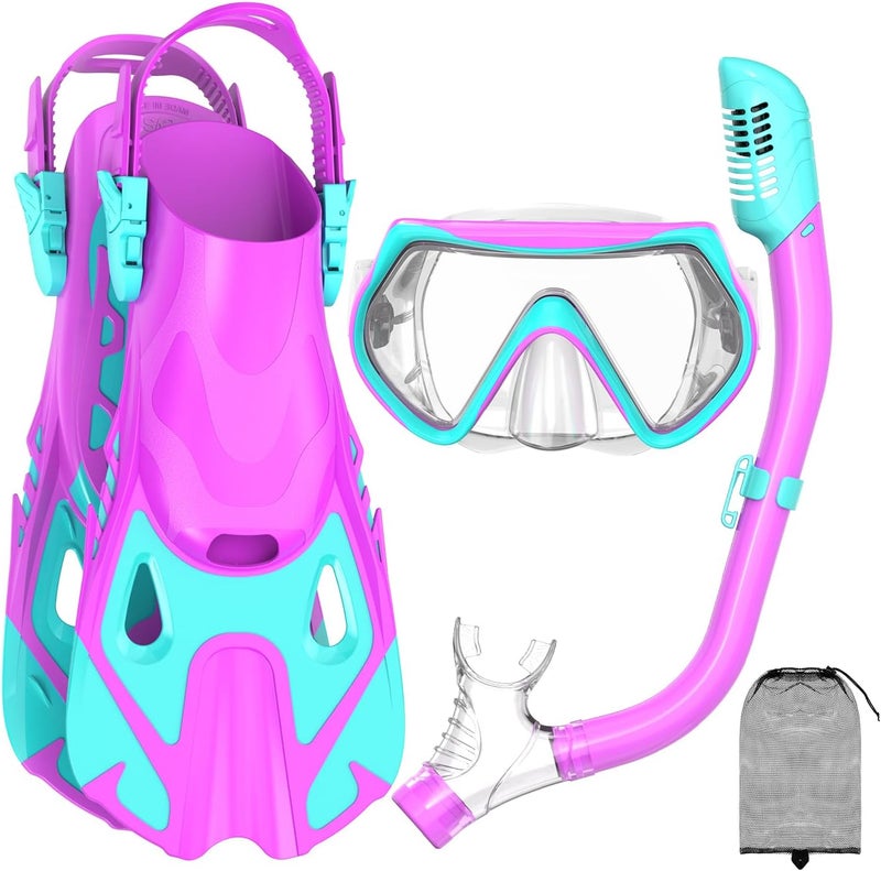 For Shine Snorkeling Gear for Kids, Kid Mask Fins Dry Top Snorkel Set, Youth Boys Girls Junior Age 6-14 Swimming Diving Swim Fins, Tempered Glass Panoramic View Travel Packages - Image 1